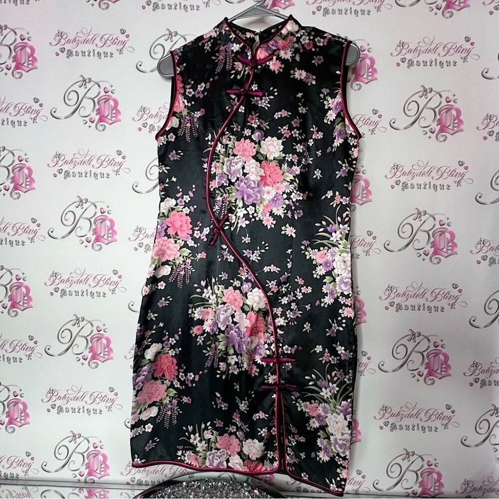 Japanese dress mock neck flowers bows Floral Black Pink Women's Dress